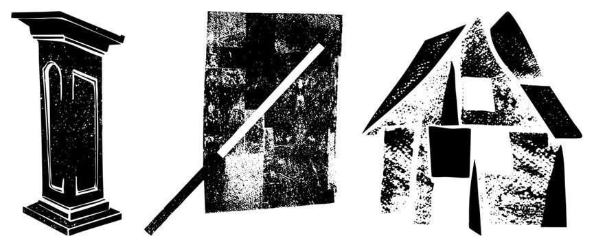 Rough cut glyphs soapbox, door, cottage skid lid,, eatery. Halftone texture evokes vintage protest art with raw, punchy silhouettes.