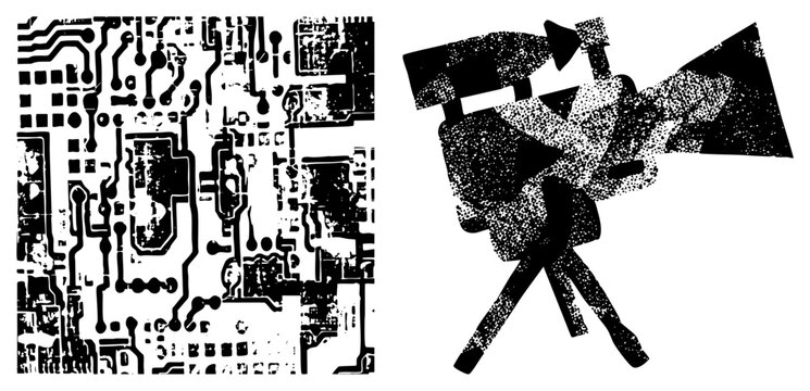 Abstract tech art with gritty circuit board, pixel shattered megaphone (bullhorn/shoutbox), halftone textures for retro futurism ideal for edgy branding or digital posters.