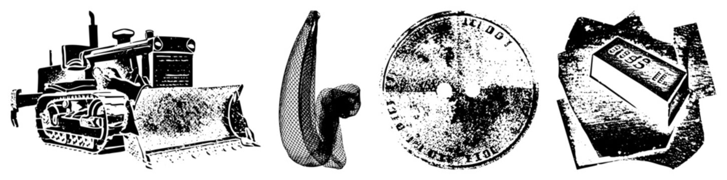 Rugged bulldozer (dirt mover/track hog) curved fruit (banana boat), &ldquo;Dollar&rdquo; coin, &ldquo;999.9&rdquo; gold bar all in gritty halftone stencil for vintage industrial vibes.