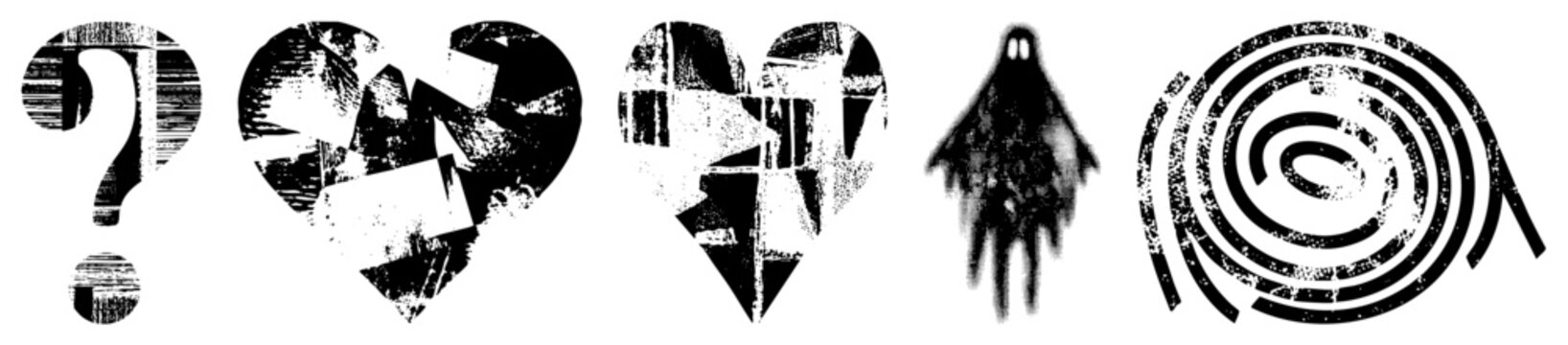 Gritty abstract brain bucket, skid lid in high contrast black and white. Cutout glyphs evoke urban decay, mystery. Ideal for edgy branding or streetwear. Halftone textures, broken shapes add