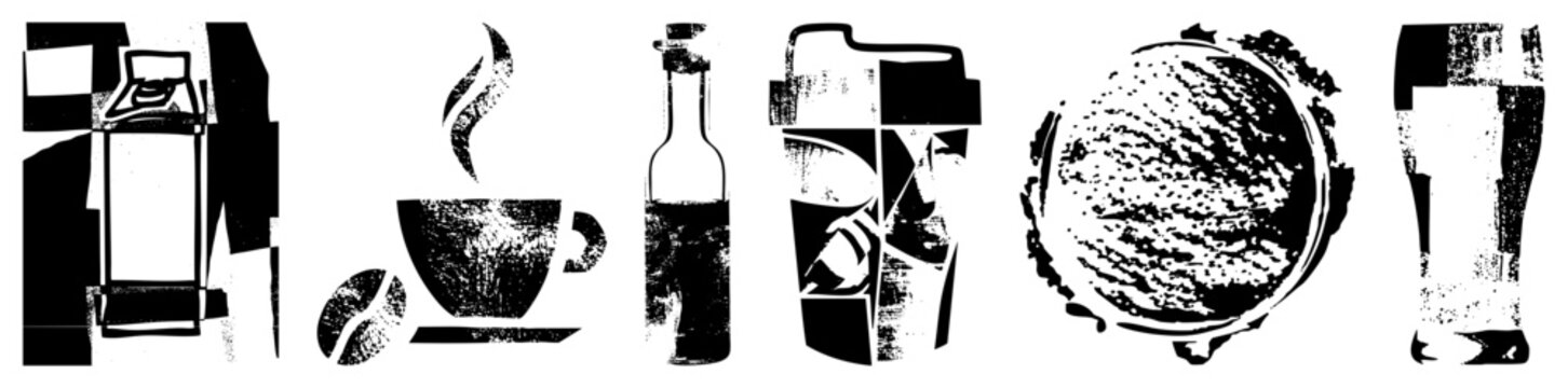 Bold drink illustrations in high contrast halftone with textured edges &ldquo;brew&rdquo; or &ldquo;soda pop&rdquo; meets vintage diner signs. Ideal for caf&eacute; menus, streetwear, retro branding. Rough grain silhouettes p