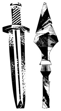 Gritty halftone blade/spear tip, sharp and battle ready. Perfect for, warrior emblems, or dark, edgy vintage designs.