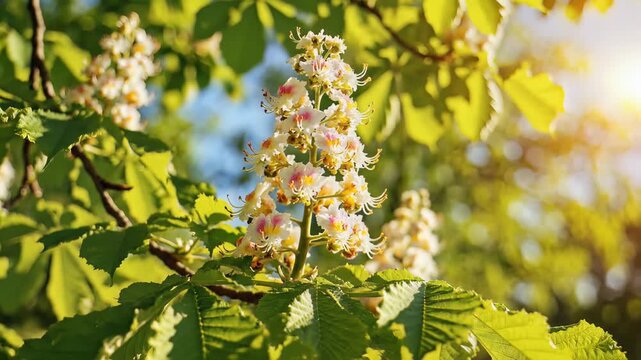 Closeup of Horse Chestnut Tree Blossoms in Spring Sunlight.