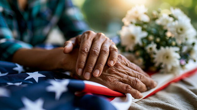 Macro close up of softly defocused mature hands gently resting on an american flag draped over a soft surface beside a bouquet of white chrysanthemums mourning hands military