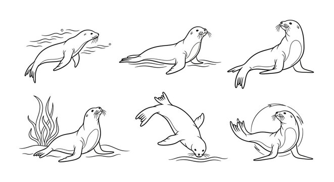 Set of cute sea lion illustrations in various poses
