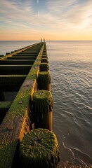 Fototapeta premium Wooden breakwater pier covered in algae extending into calm sea at golden hour sunrise, symbolizing continuity and tranquility
