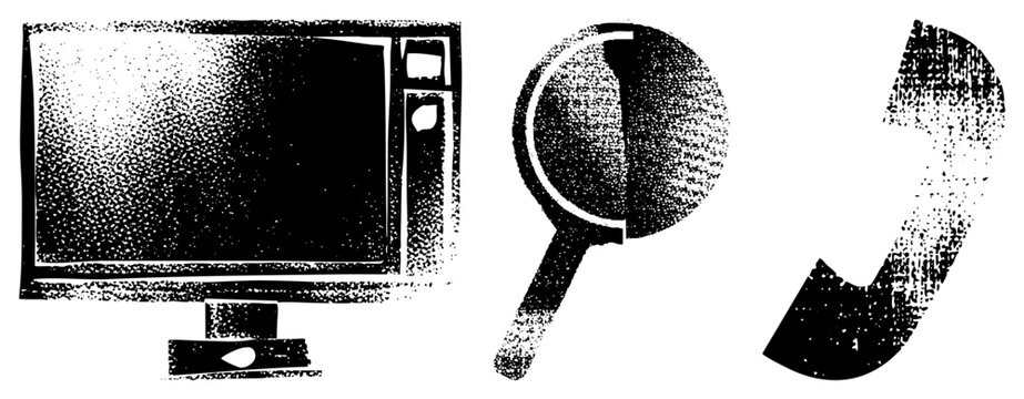 Grunge halftone graphics monitor, loupe, phone receiver &ldquo;screen,&rdquo; &ldquo;glass,&rdquo; or &ldquo;fone&rdquo; for quick ref. Ideal for retro tech branding or vintage digital concepts with gritty texture and bold contrast.