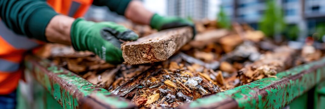 Broken wooden boards placed into green dumpster by worker during urban construction cleanup