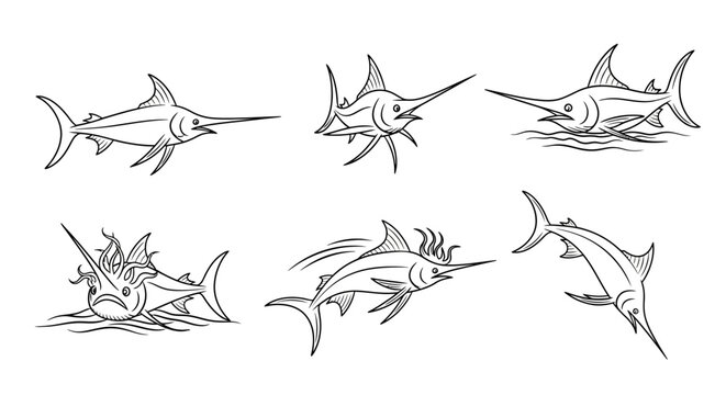 Set of cartoon swordfish characters, various poses in line art style