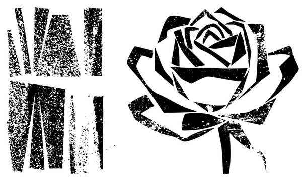 Bold black rose in gritty stencil style, with layered petals and halftone textures. Known as love bloom or flower, it conveys raw emotion ideal for edgy branding or tattoo flash.