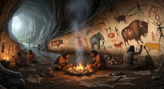 Prehistoric cave dwellers gather around fire with ancient animal drawings
