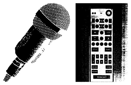 Classic mic and TV clicker rendered in gritty halftone, skid lid for vocalists, remote as zapper raw textures evoke retro vibes, perfect for punk or indie branding.