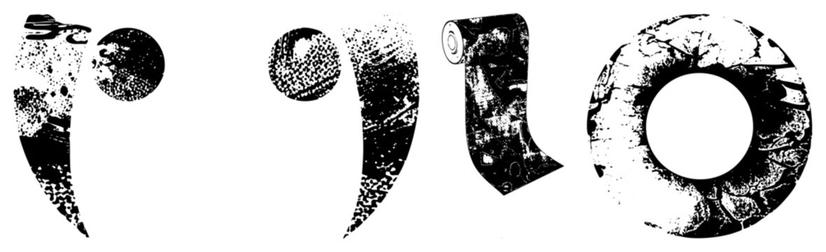 Raw, distressed graphics with halftone dots, stencil cuts, and abstract shapes ideal for edgy branding, urban posters, or industrial decor. Channel street art, punk zine, or rebellious grunge vibes.