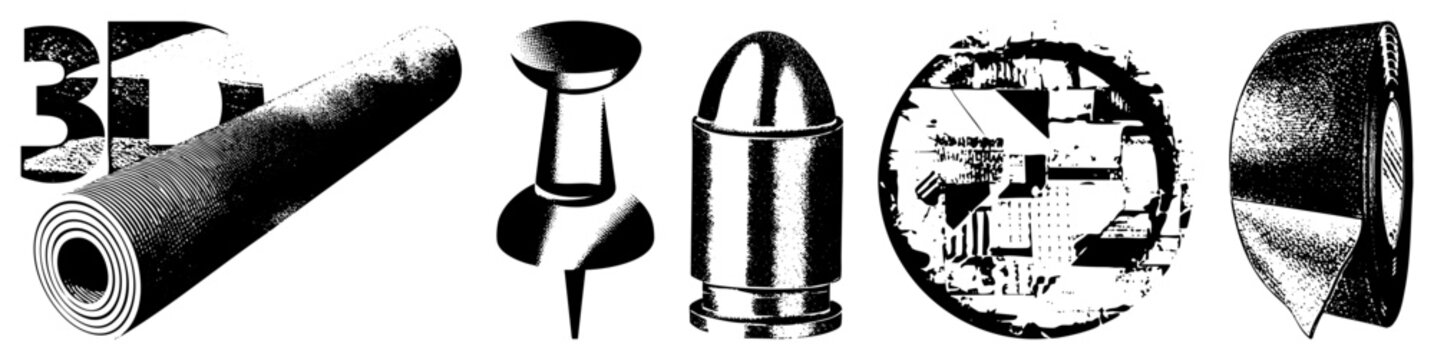 Rugged halftone graphics with bullet, pushpin, duct tape, 3D lettering aka lead slug or office tack. Ideal for edgy branding or punk posters, evoking raw industrial vibes.