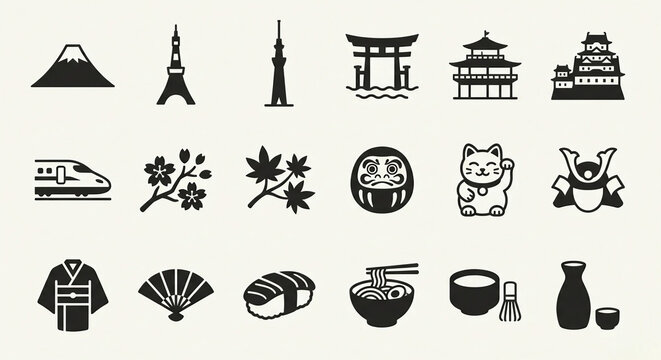 Japanese Cultural Symbols Landmarks and Food Vector Icon Set