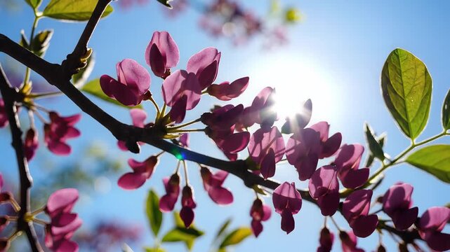 Closeup of Pink Redbud Tree Flowers Blooming in Bright Sunlight.