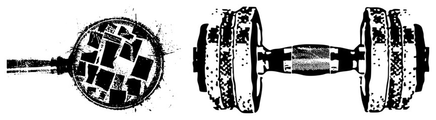 Obraz premium Gritty dumbbell skilleted egg, bold stencil style iron gym meets breakfast cookware. Call it “barbell” or “iron pig” “egg pan” or “breakfast skillet.” Rough cut for edgy fitness/food brandi