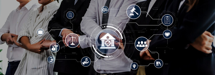 Diverse group of professionals in formal attire stands together, representing collaboration in law and justice. Innovative technology icons highlight their expertise in a modern office. Trope © InfiniteFlow