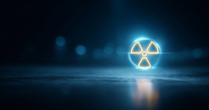 Glowing radioactive hazard symbol on dark
