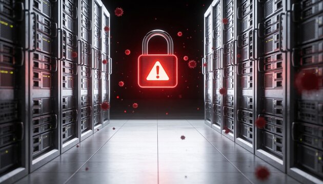 Minimalist 3D render of a server rack with a pulsing red warning padlock signaling a breach attempt, floating crimson threat particles scattering, dark dramatic futuristic background, vibrant digital 