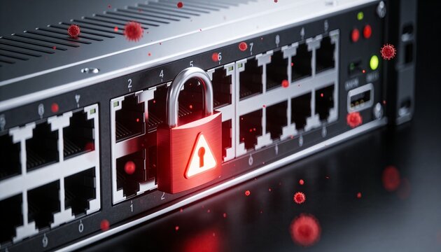 Minimalist 3D render of a server rack with a pulsing red warning padlock signaling a breach attempt, floating crimson threat particles scattering, dark dramatic futuristic background, vibrant digital 