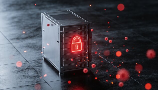 Minimalist 3D render of a server rack with a pulsing red warning padlock signaling a breach attempt, floating crimson threat particles scattering, dark dramatic futuristic background, vibrant digital 