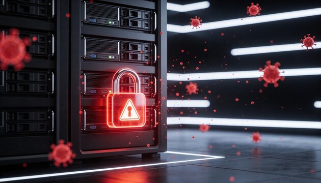 Minimalist 3D render of a server rack with a pulsing red warning padlock signaling a breach attempt, floating crimson threat particles scattering, dark dramatic futuristic background, vibrant digital 