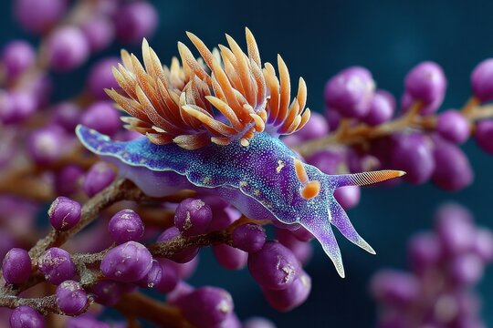 Vibrant Sea Slug Perched on Purple Berries