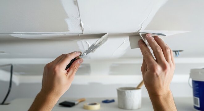 Home repair project with hands applying plaster to ceiling crack using a knife. Home repair includes preparation with necessary tools like paint and putty for successful finishing.