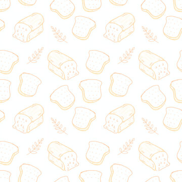 White bread, wheat bread, whole bread and sliced bread seamless pattern on white background