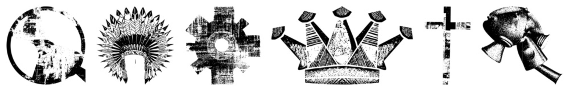 Raw edged vector symbols brain bucket, skid lid, war bonnet, diadem, gas mask with gritty textures & stencil cuts. Ideal for punk, alt culture branding or posters.