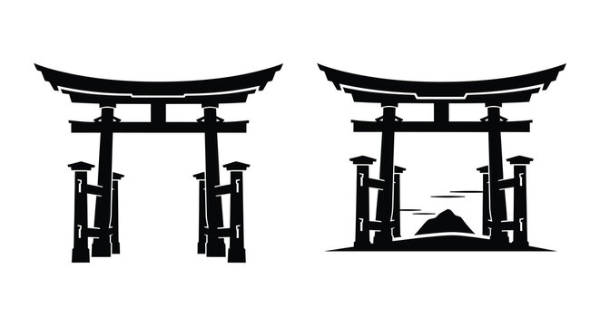torii gate silhouettes with mount fuji black on white
