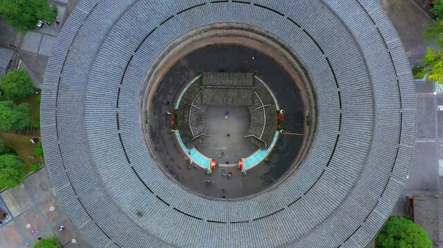 Aerial View of Circular Fujian Tulou Courtyard in China
