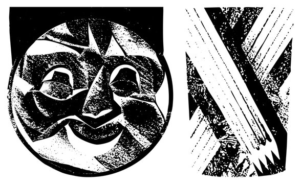 Stylized laughing face mask (jester cap/laughin&rsquo; mug) with slashed X, halftone dots for gritty vintage zine vibe ideal for edgy branding or punk posters.