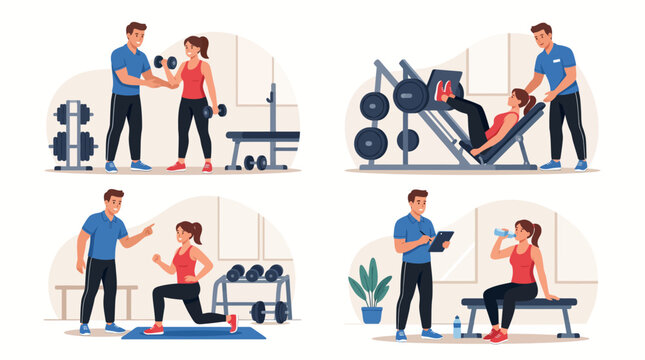 Gym Trainer and Client Illustration &ndash; Personal Training and Fitness Coaching Concept in Flat Style