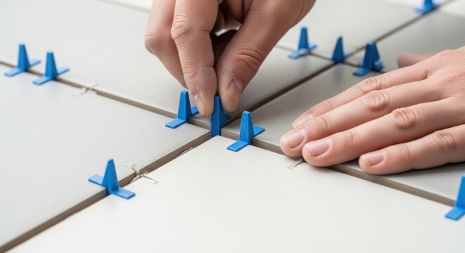 Tile repair process with hands placing spacers between tiles on a floor. Professional tiling involves precise placement of spacers to ensure even spacing and a neat finish.