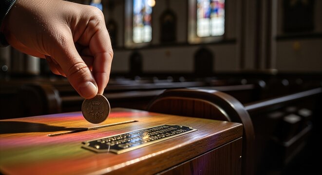 Hand placing coin in church donation box with warm light, symbolizing generosity and faith in a serene setting.