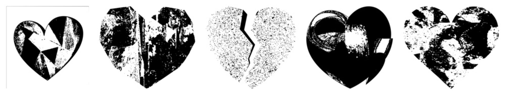 Shattered heart symbols in gritty halftone, stencil, grunge styles for raw emotional impact. Ideal for branding or posters.