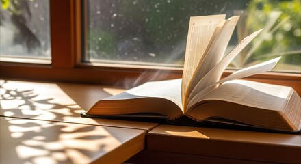 Obraz premium Open Bible on a sunlit windowsill with pages gently turning, evoking spiritual reflection and peaceful contemplation