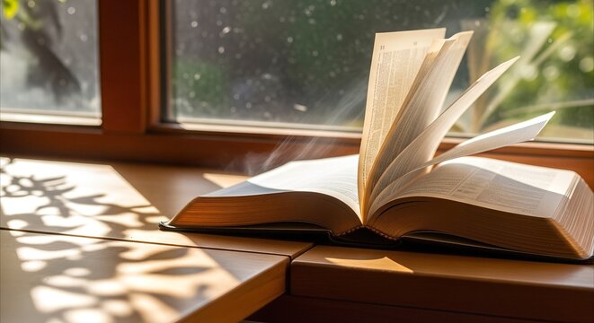 Open Bible on a sunlit windowsill with pages gently turning, evoking spiritual reflection and peaceful contemplation