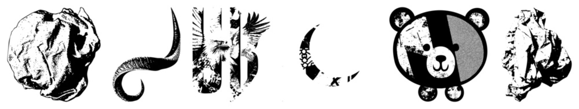 Rugged vector symbols featuring crumpled paper, a curved horn, fierce eagle, moon, and bear face skid lid style with halftone grit, perfect for streetwear branding or punk posters.