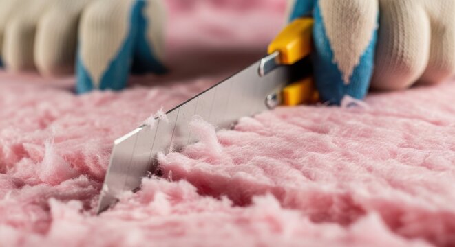 Cutting process of pink insulating material using sharp utility knife, shown in close-up hands gripping plastic handle, showcasing distinct texture and fibers.