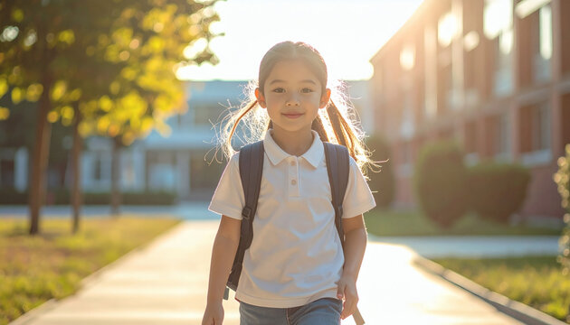 A young student with a backpack walking towards school on a sunny day. A building can be seen in the background. The girl is looking directly at the camera with a smile.