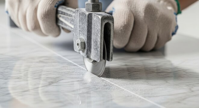 Tile cutting process with professional hands using a tile cutter on a marble surface. Tile cutting technique involves precision tools for clean lines.