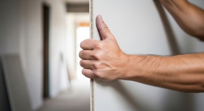 Hand adjusting drywall in home renovation process, worker preparing wall for installation, careful craftsmanship shows importance of proper construction techniques for home repair projects.