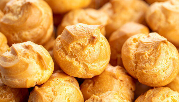 Profiterole pastry texture captured in detailed macro close up