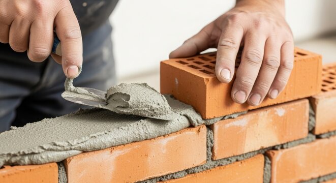 Bricklaying process with skilled worker applying mortar on bricks. Precise bricklaying involves careful placement of bricks using mortar for stable construction. Concept for renovation, building,