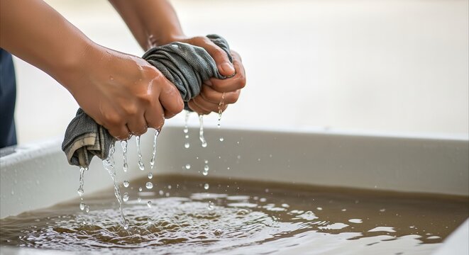 Hands wringing out a wet grey cloth over a basin of murky water, capturing dynamic motion and the effort of daily chores