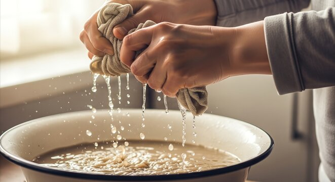 Hands wringing a wet cloth over a basin of murky water, capturing the dynamic action of cleaning and daily chores with natural light.