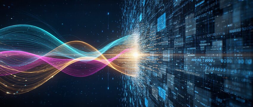 Abstract digital wave flow transferring data through futuristic network space
